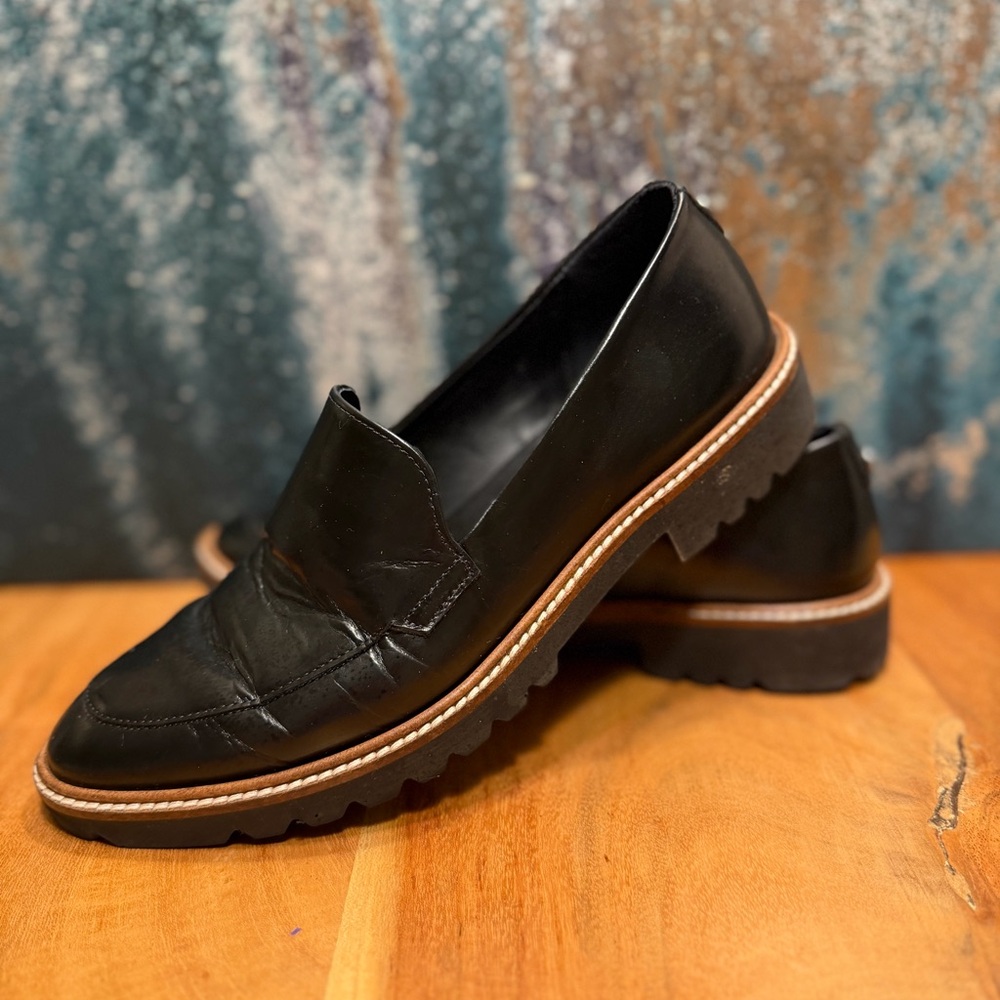 Ecco Black Leather Flats with Brown Sole